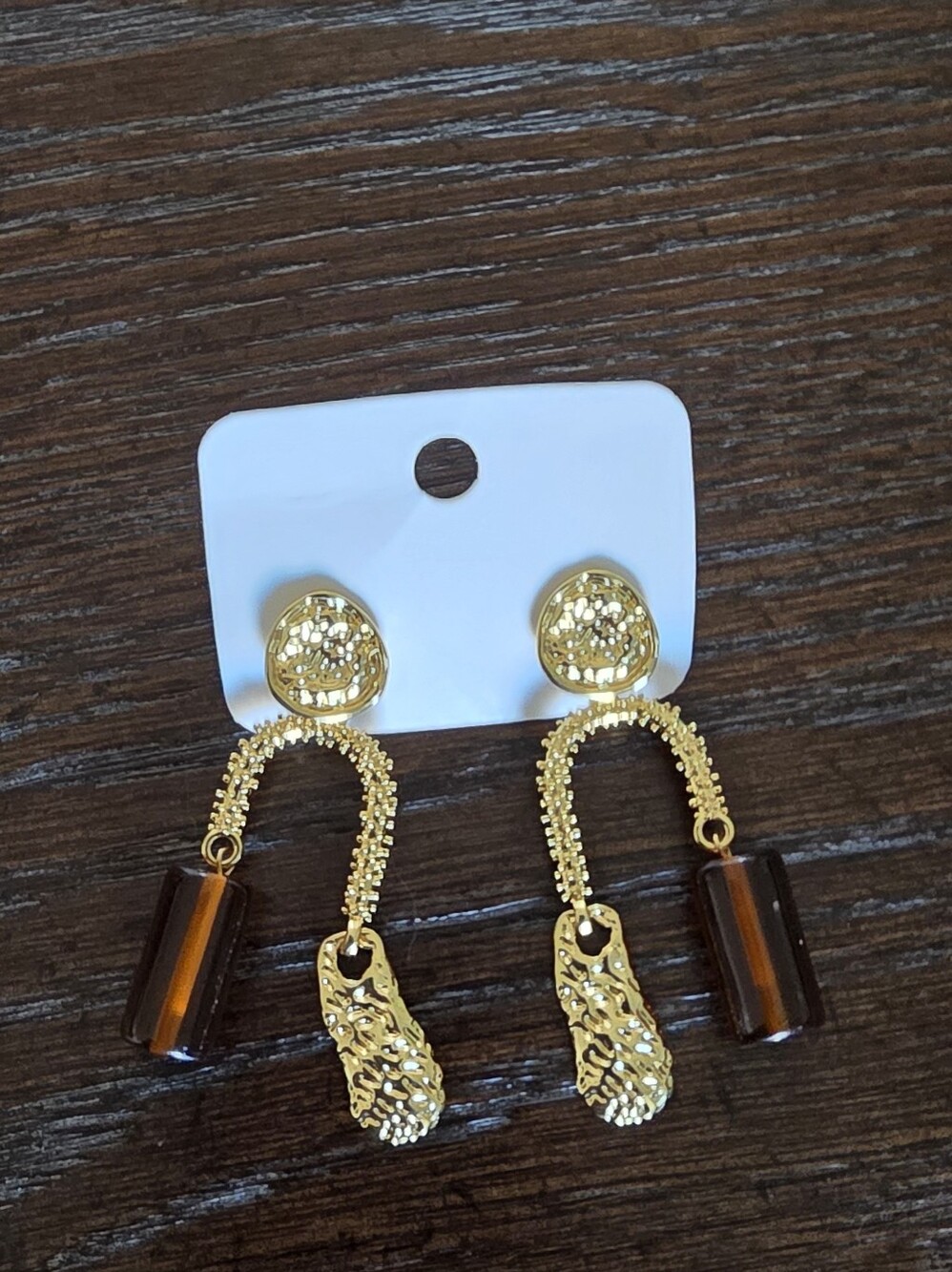 18K Gold-Plated Drop Earrings with Brown Resin Accents